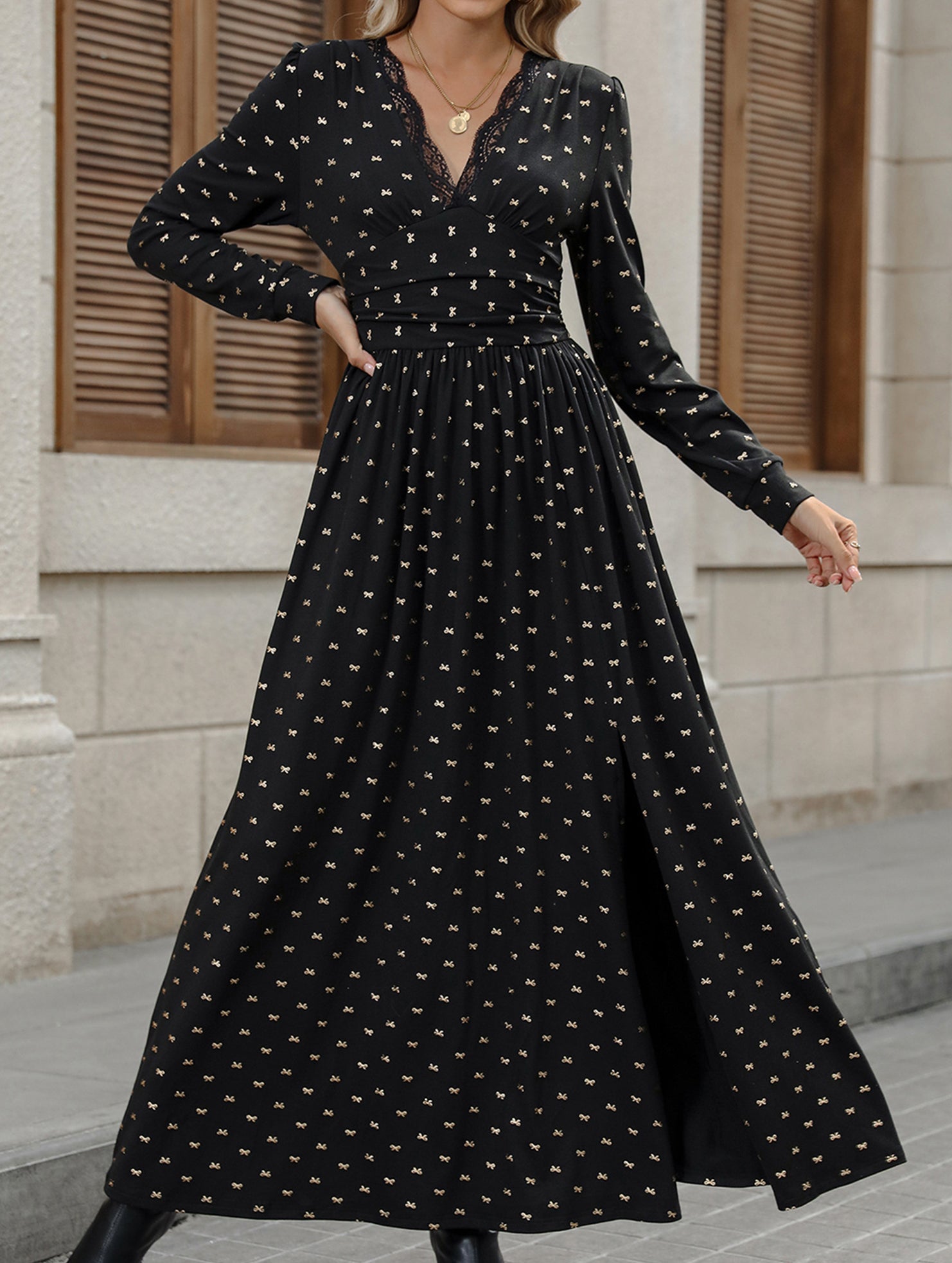 Retro Lace V-Neck Bowknot Print Long Sleeve Dress