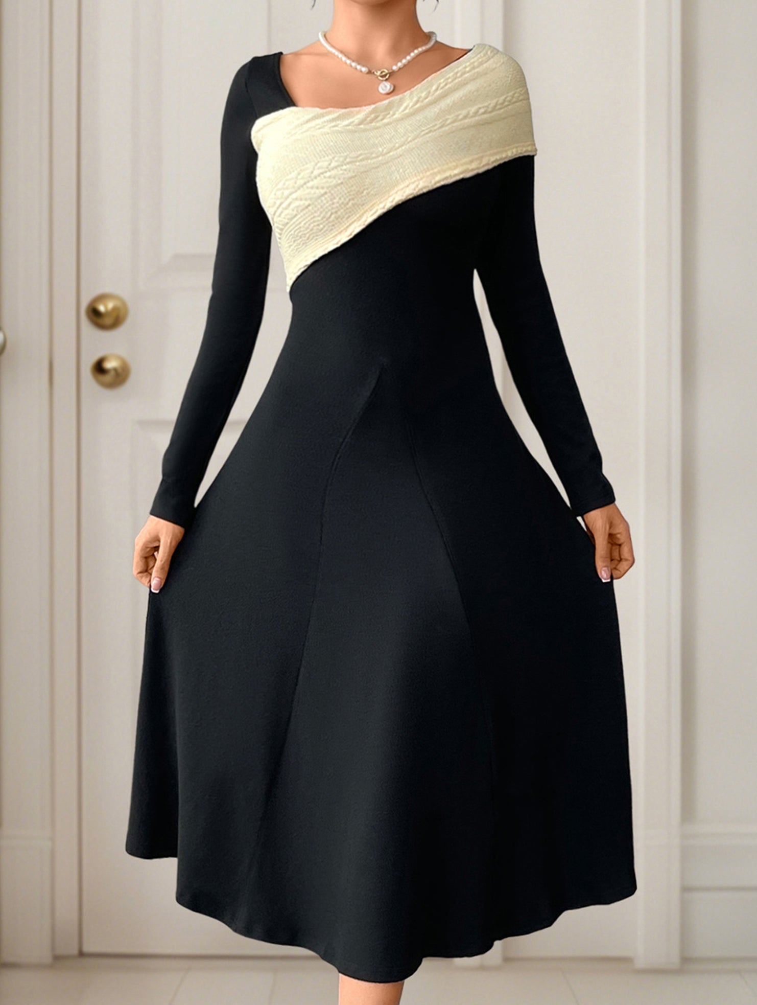 Swing irregular V-neck color-block dress