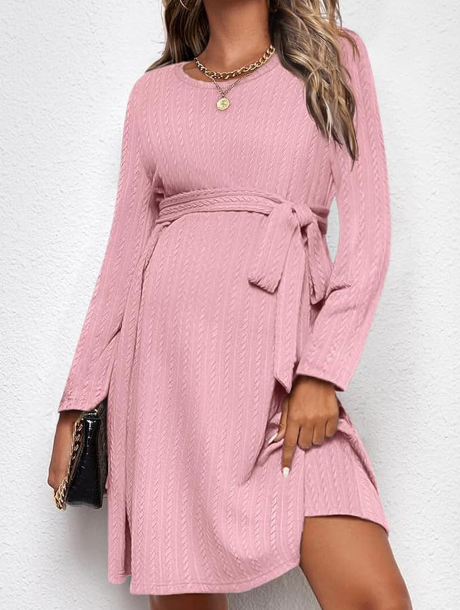 A-line round neck long sleeve dress