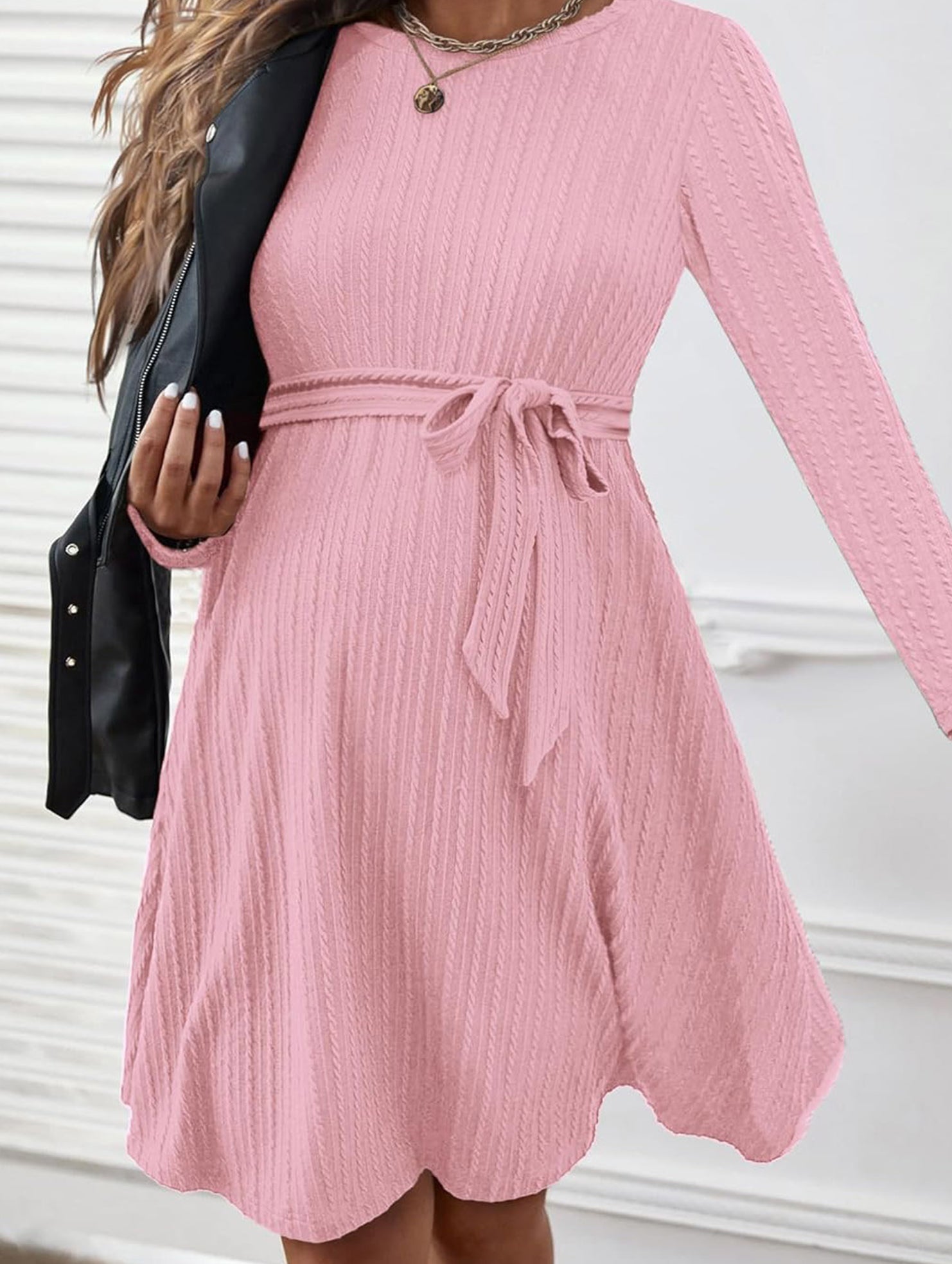 A-line round neck long sleeve dress