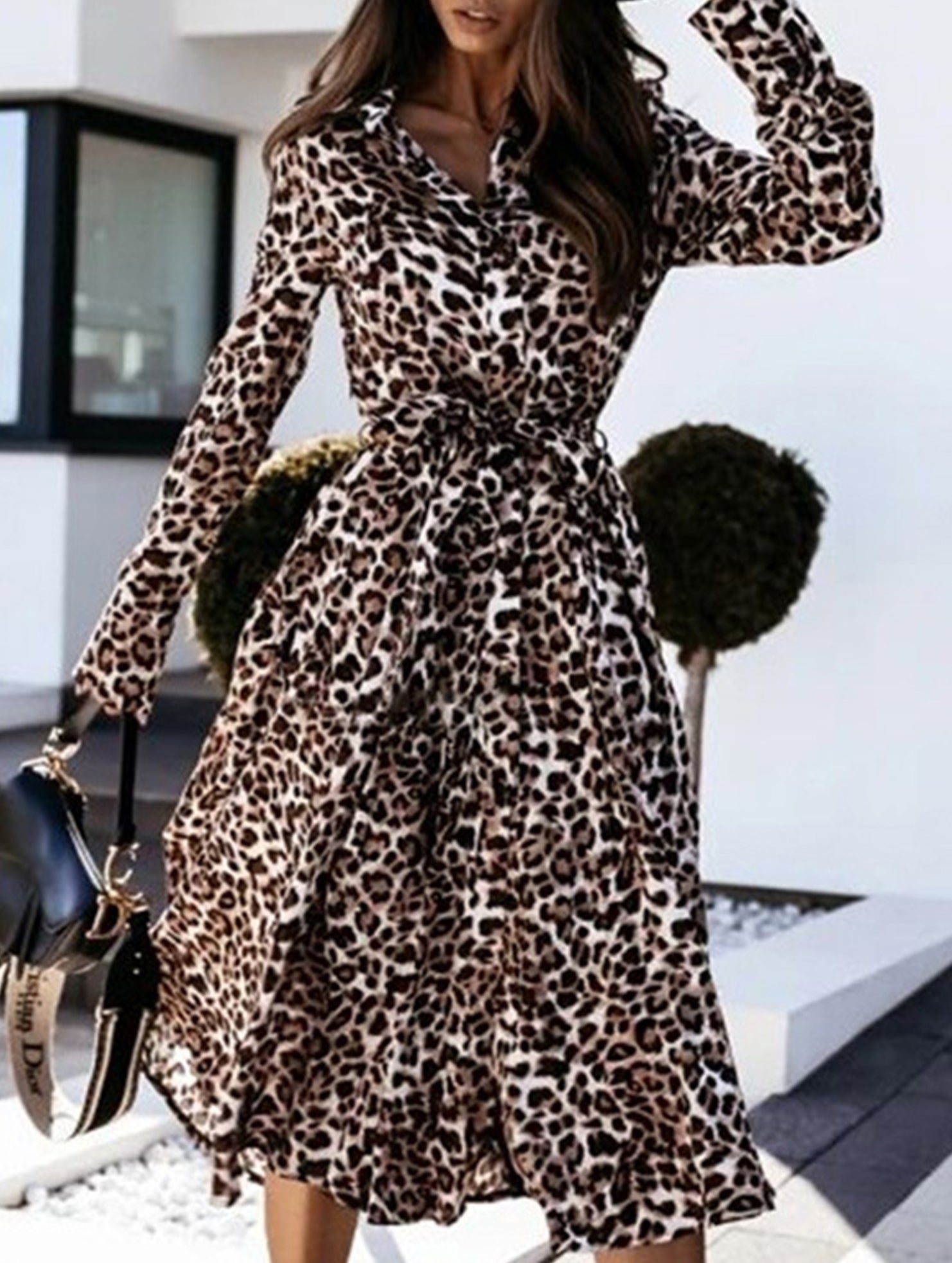 long-sleeved leopard print dress