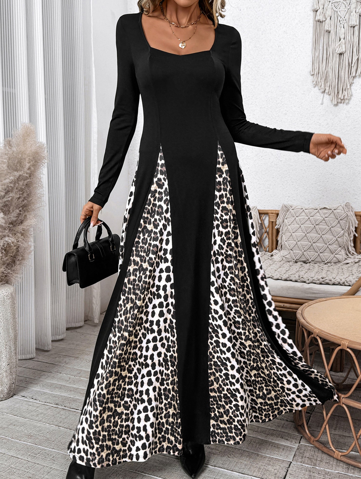 Retro high waist leopard print patchwork dress
