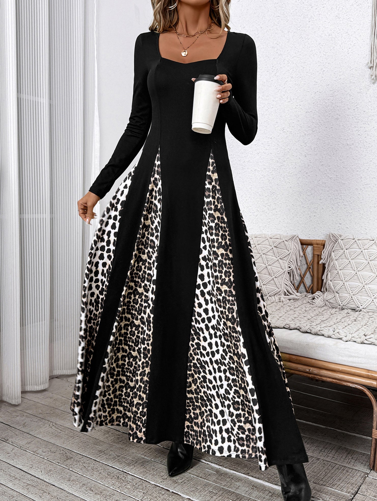 Retro high waist leopard print patchwork dress