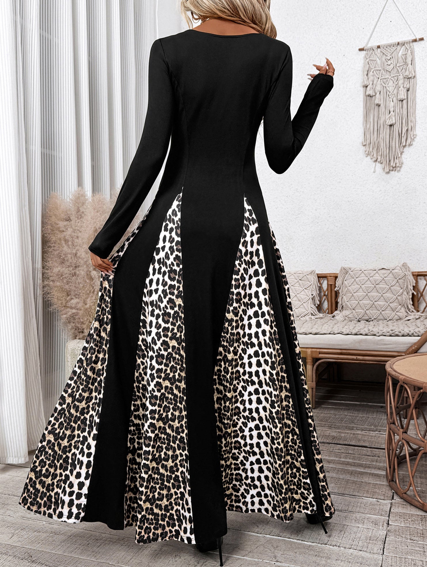Retro high waist leopard print patchwork dress