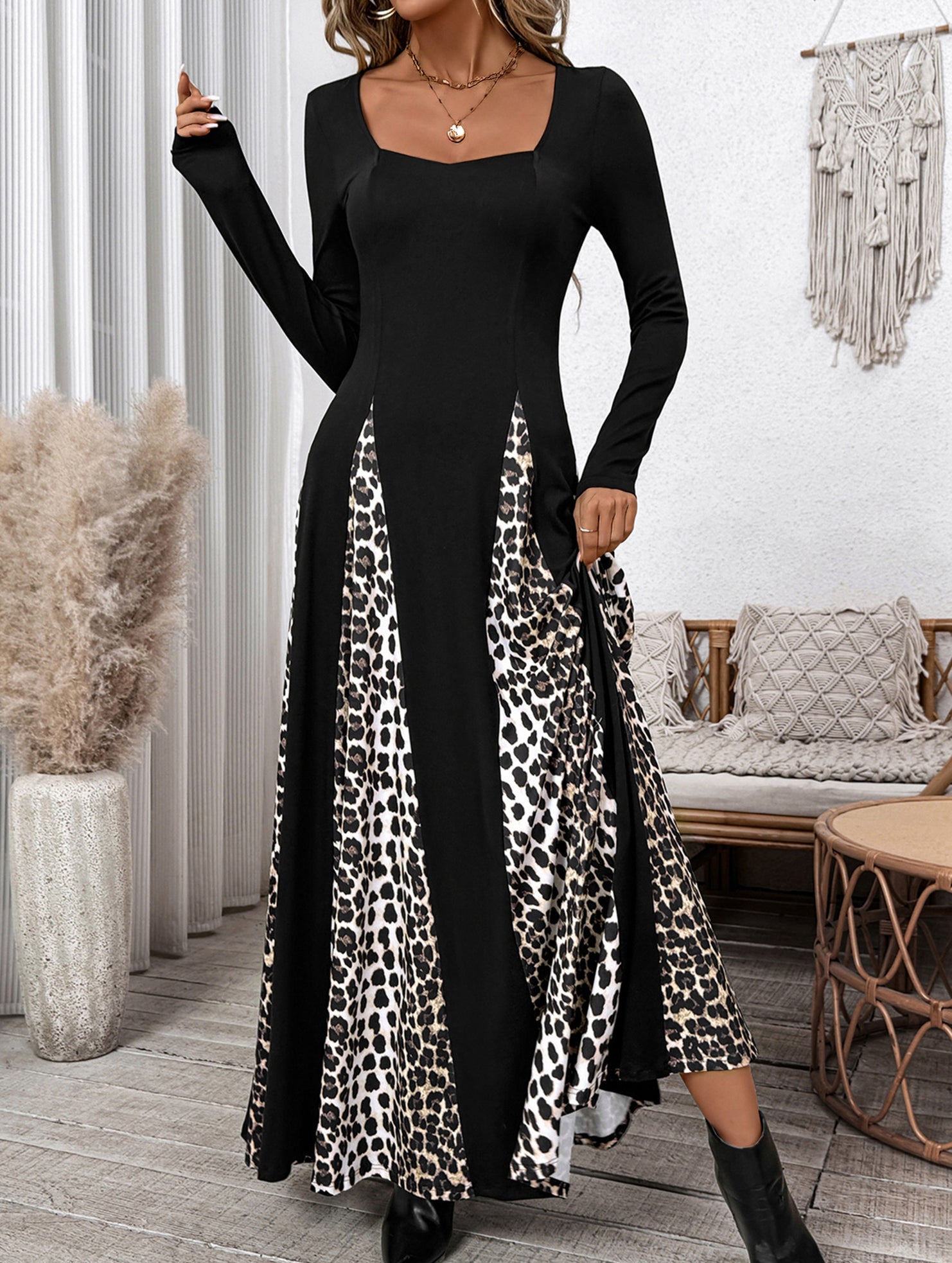 Retro high waist leopard print patchwork dress
