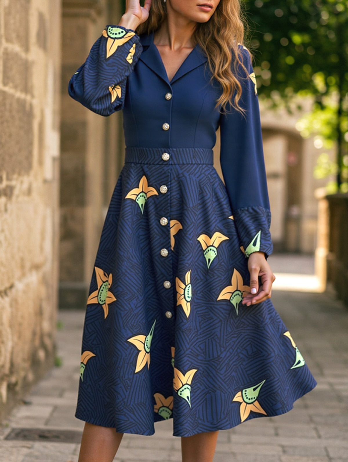 Suit collar cardigan print dress