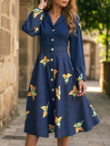 Suit collar cardigan print dress
