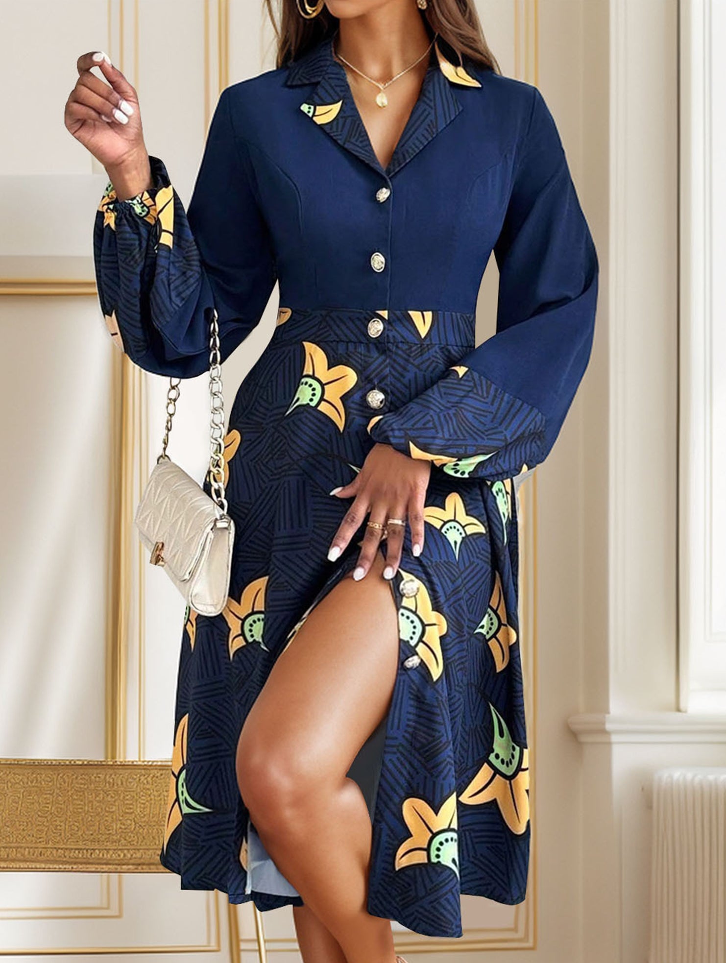 Suit collar cardigan print dress