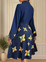 Suit collar cardigan print dress