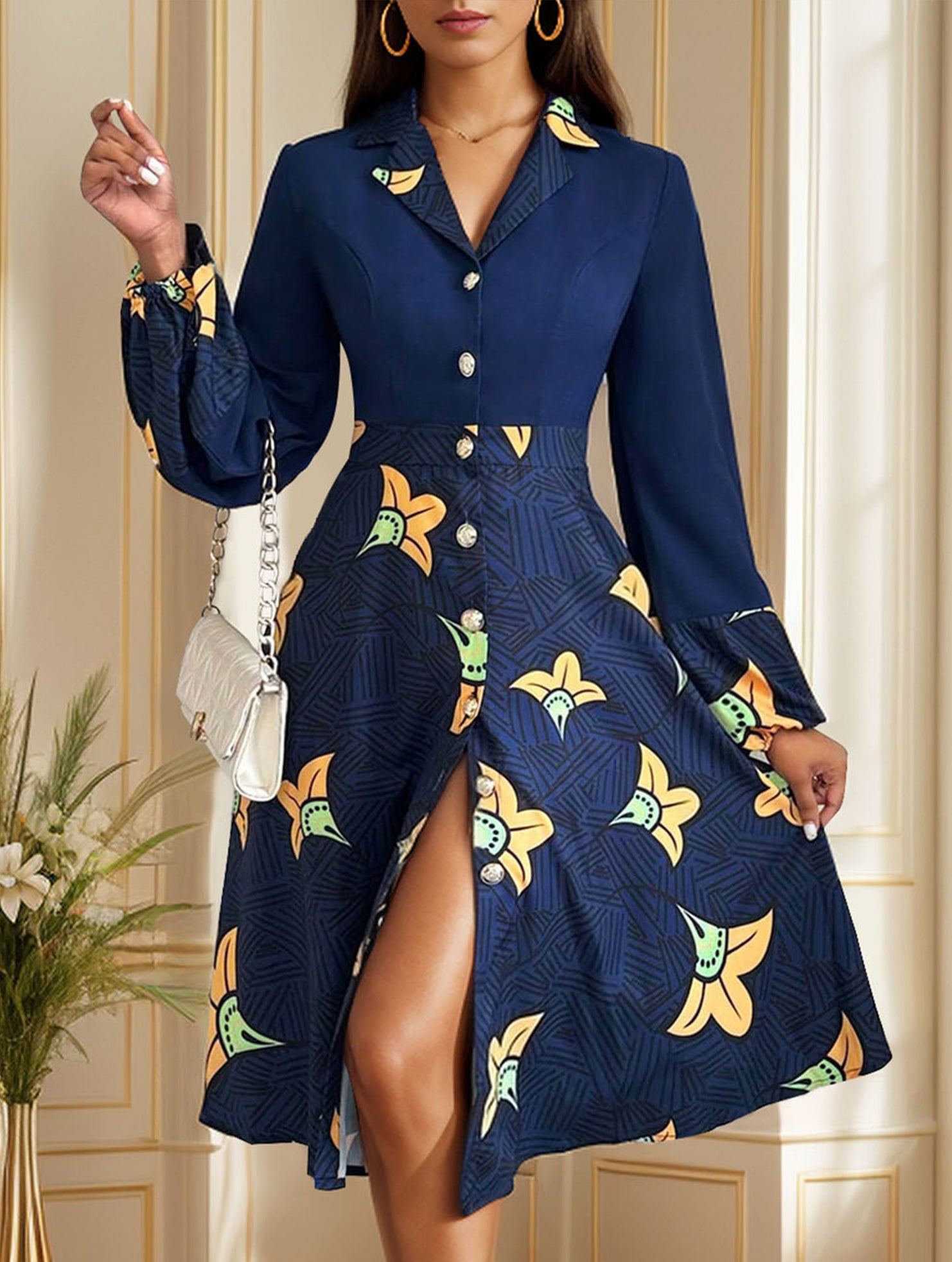 Suit collar cardigan print dress