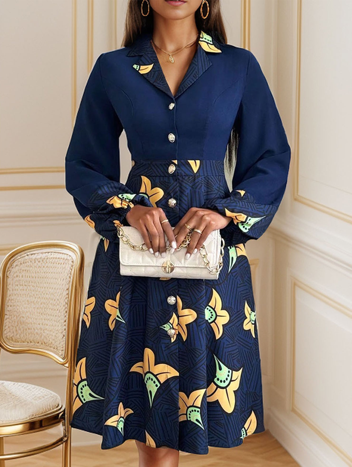 Suit collar cardigan print dress