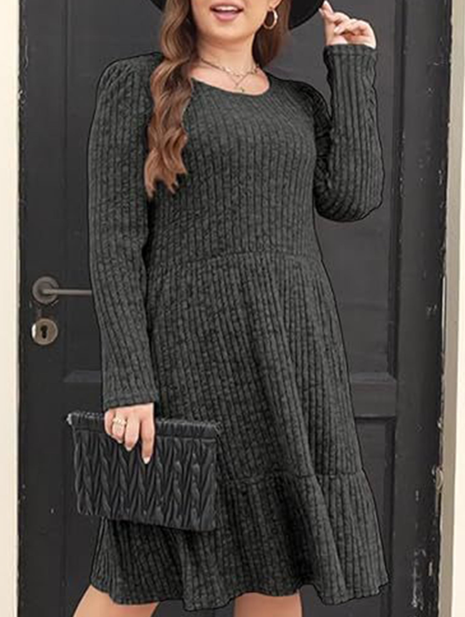 Vintage Striped Crew Neck Knit Sweater Dress