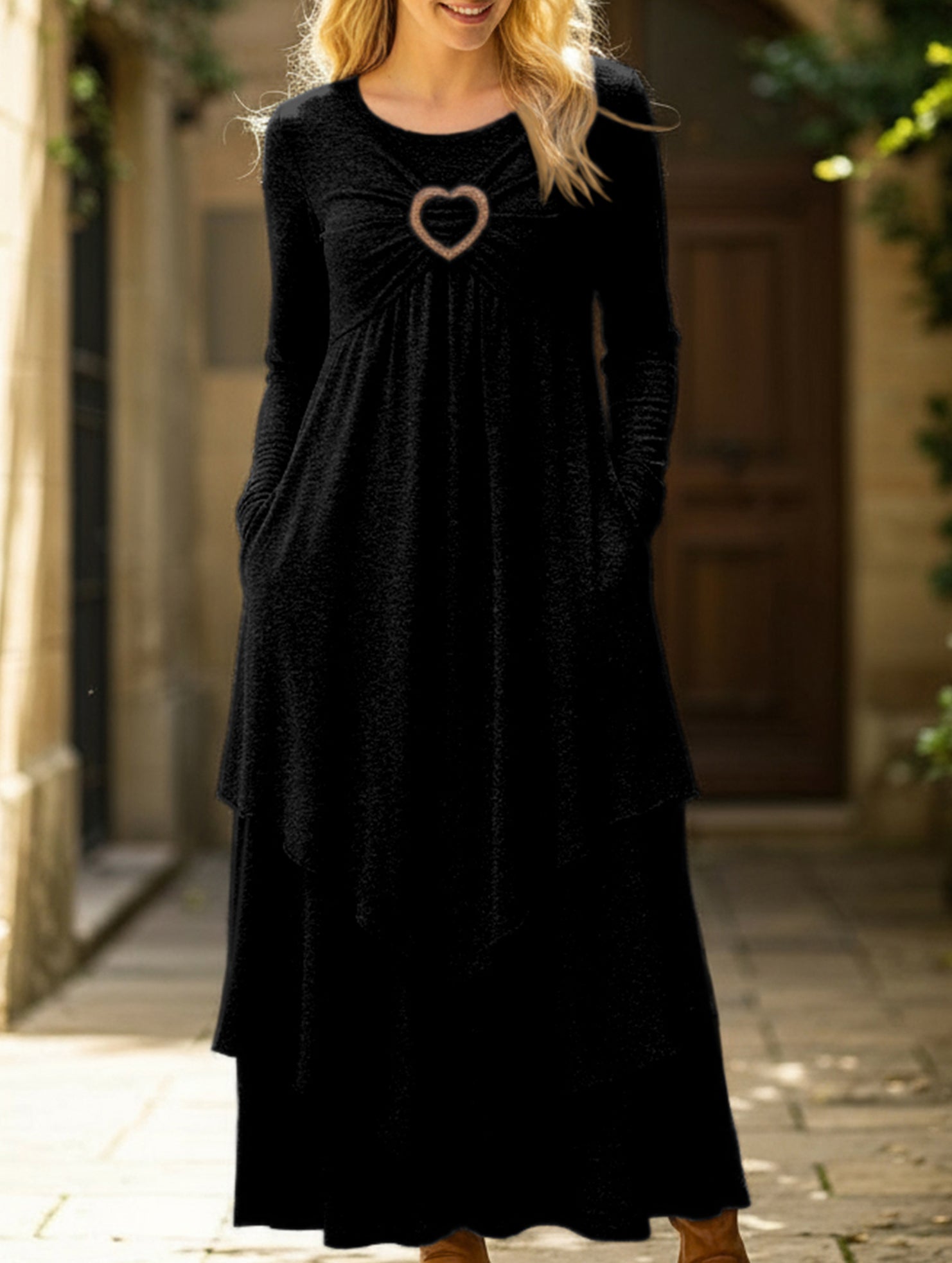 Solid color waist heart casual dress