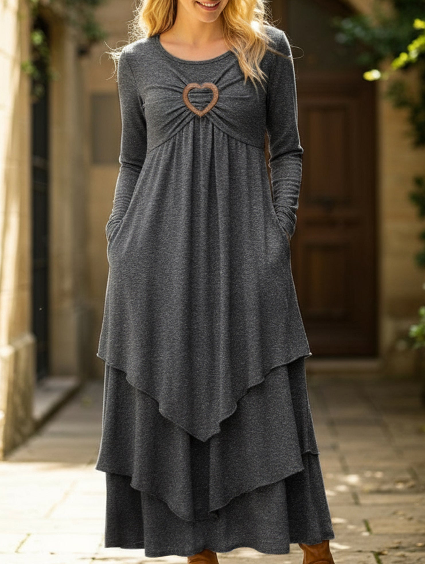 Solid color waist heart casual dress