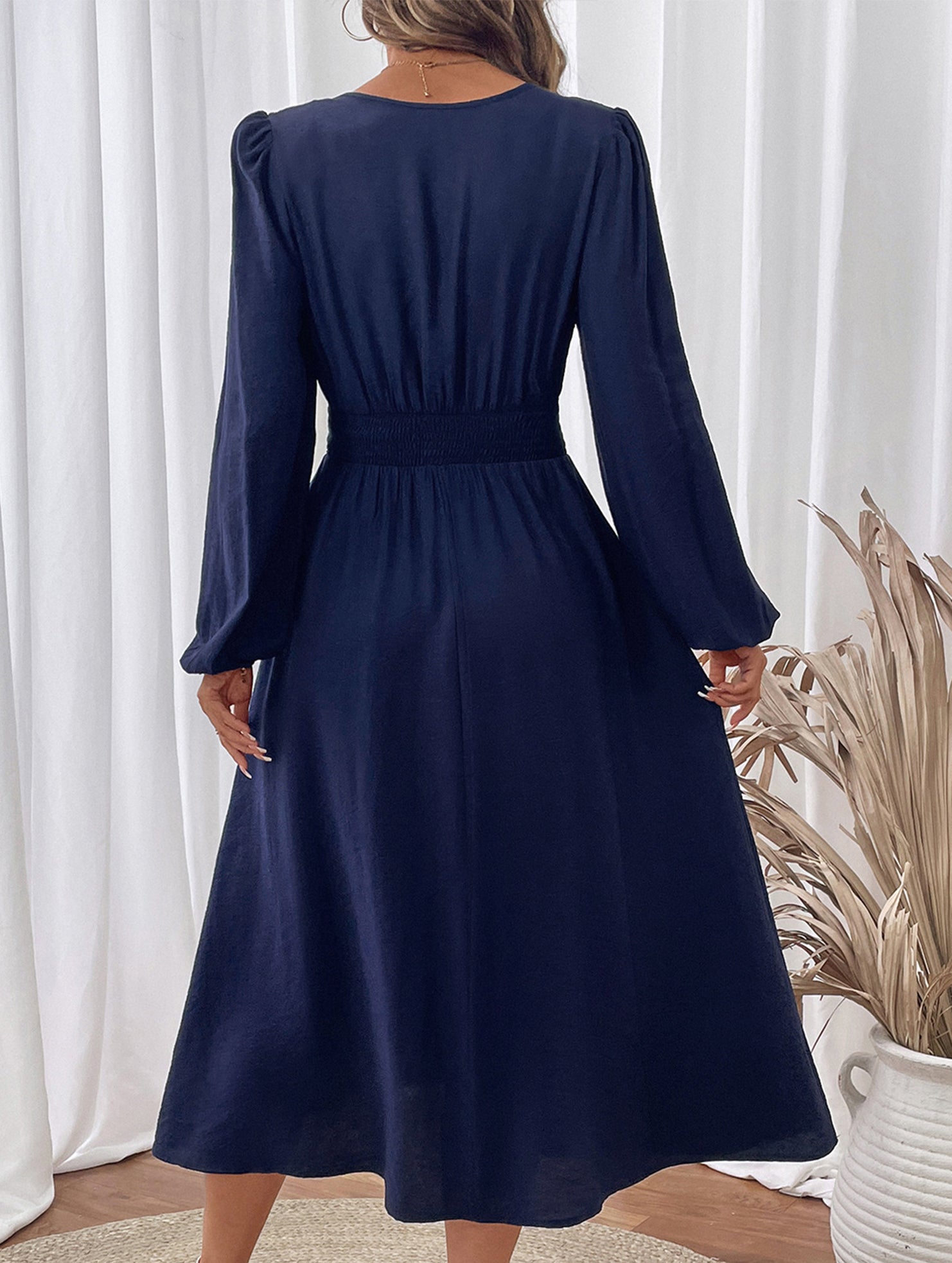 Waist V-neck blue embroidered dress