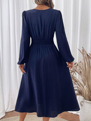 Waist V-neck blue embroidered dress