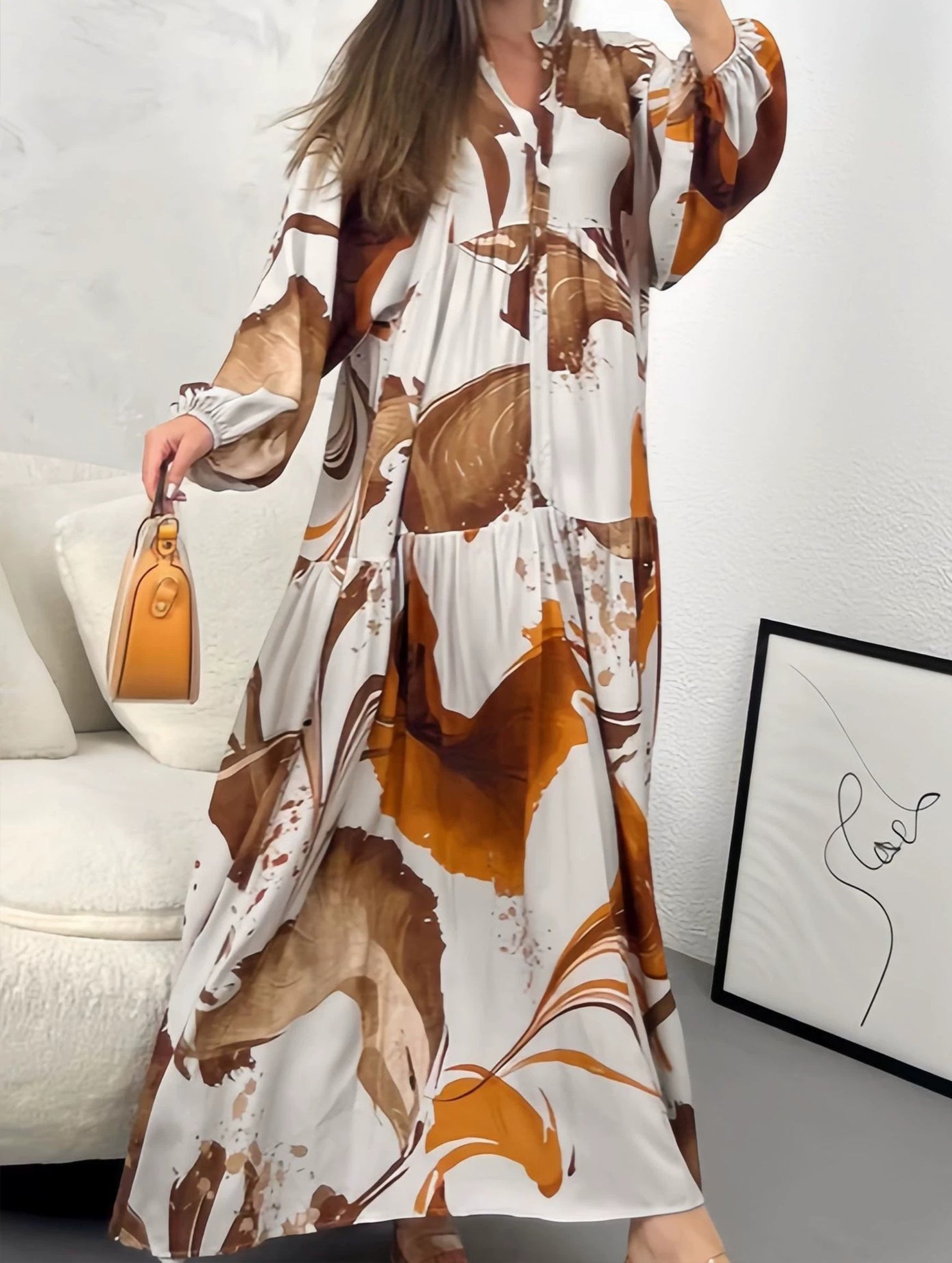 Casual loose V-neck printed dress