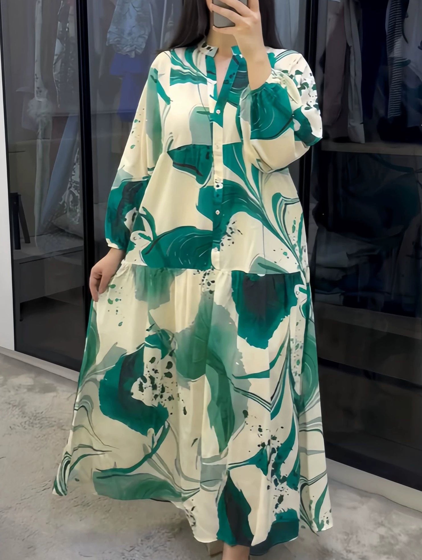 Casual loose V-neck printed dress