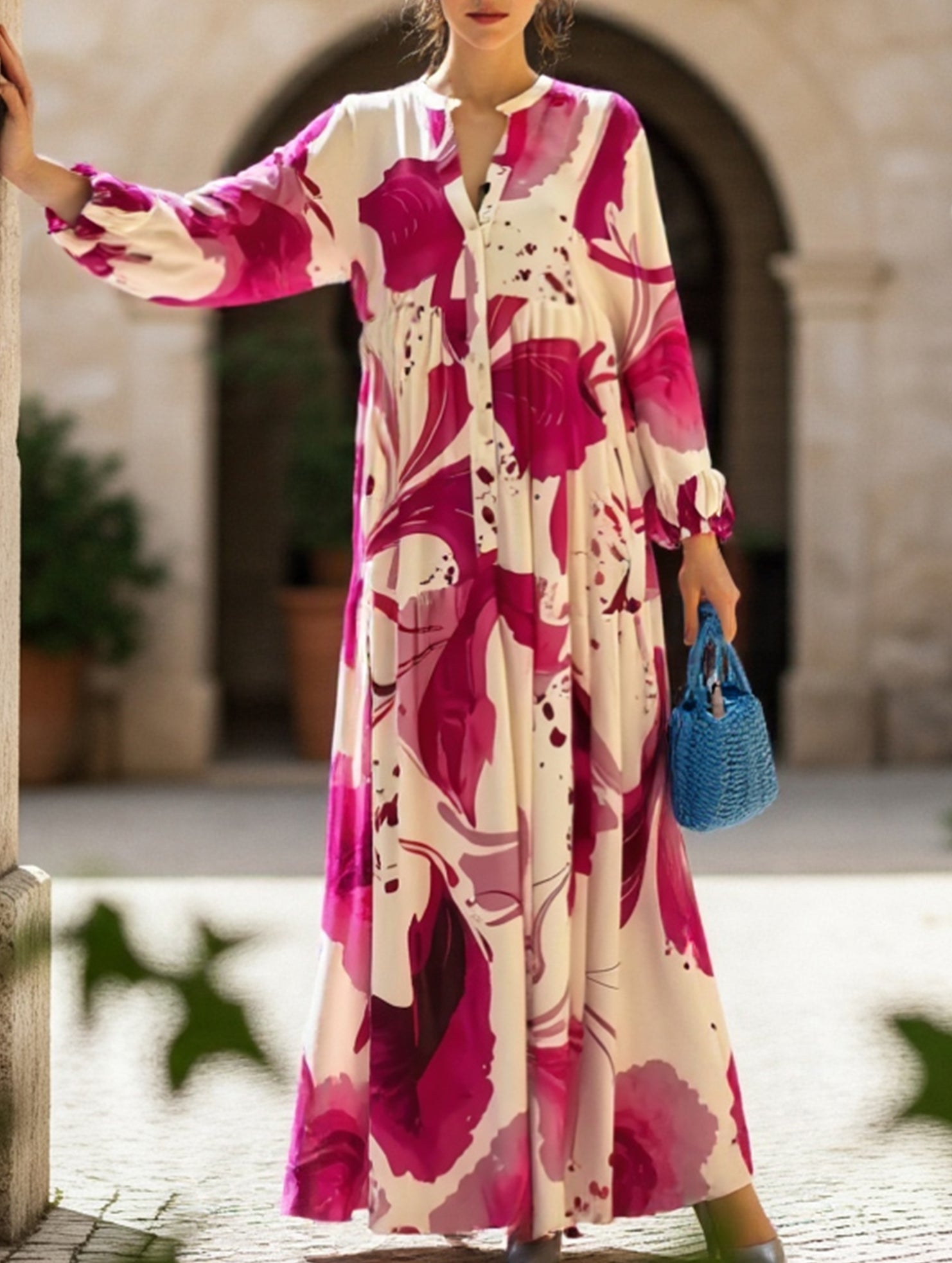 Casual loose V-neck printed dress