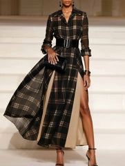 Retro Slit Plaid Long Sleeve Dress