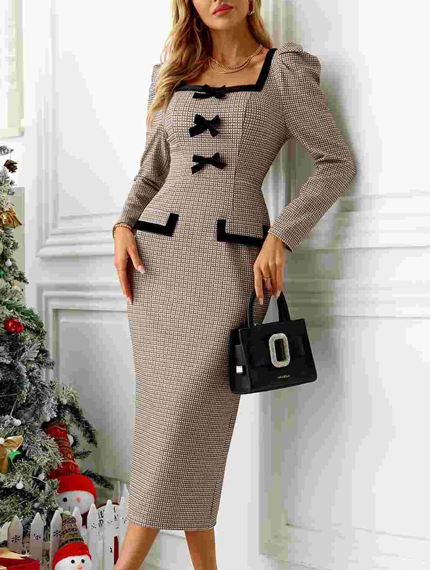 Plaid long-sleeved sexy tight hip skirt