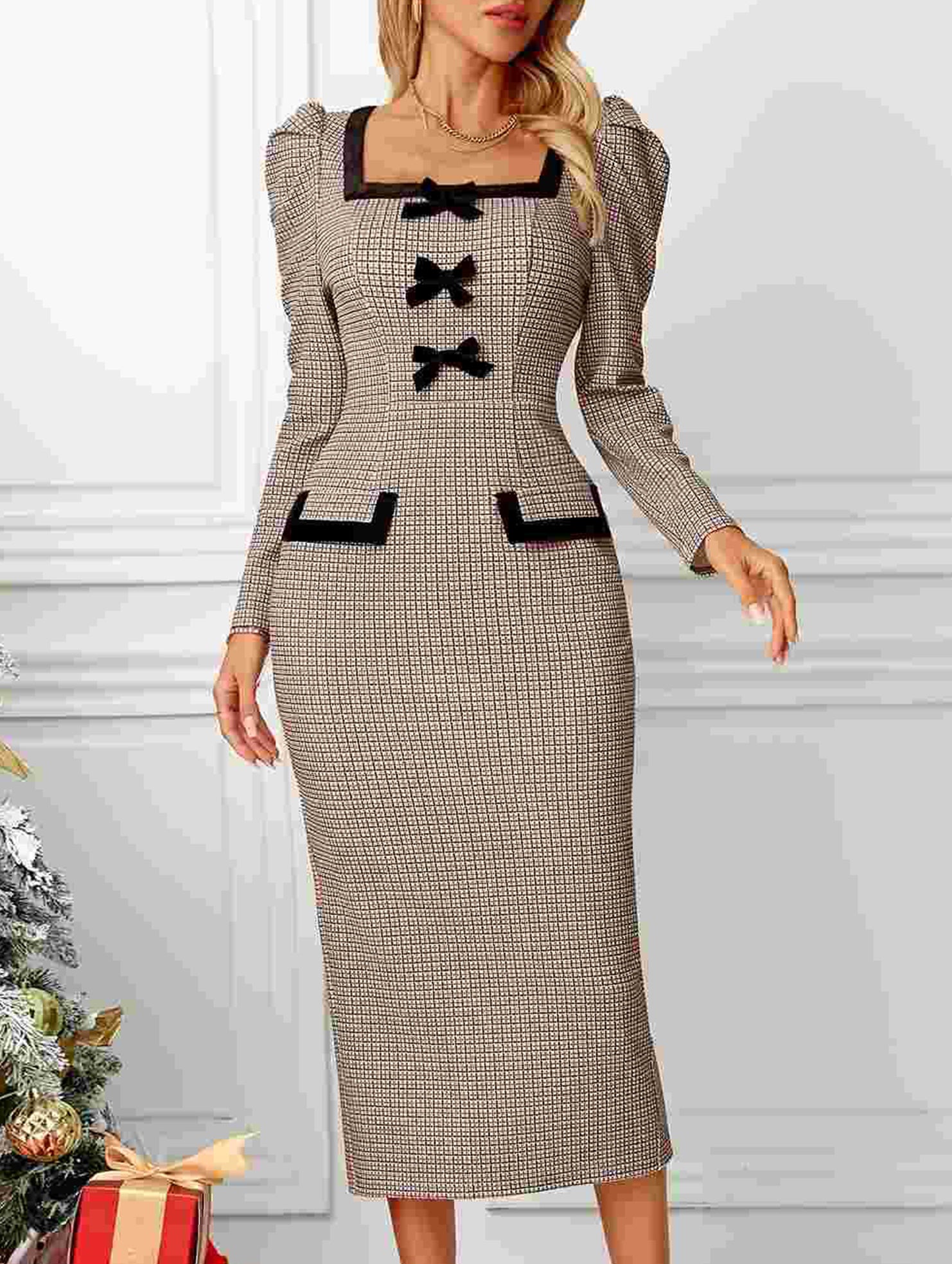 Plaid long-sleeved sexy tight hip skirt