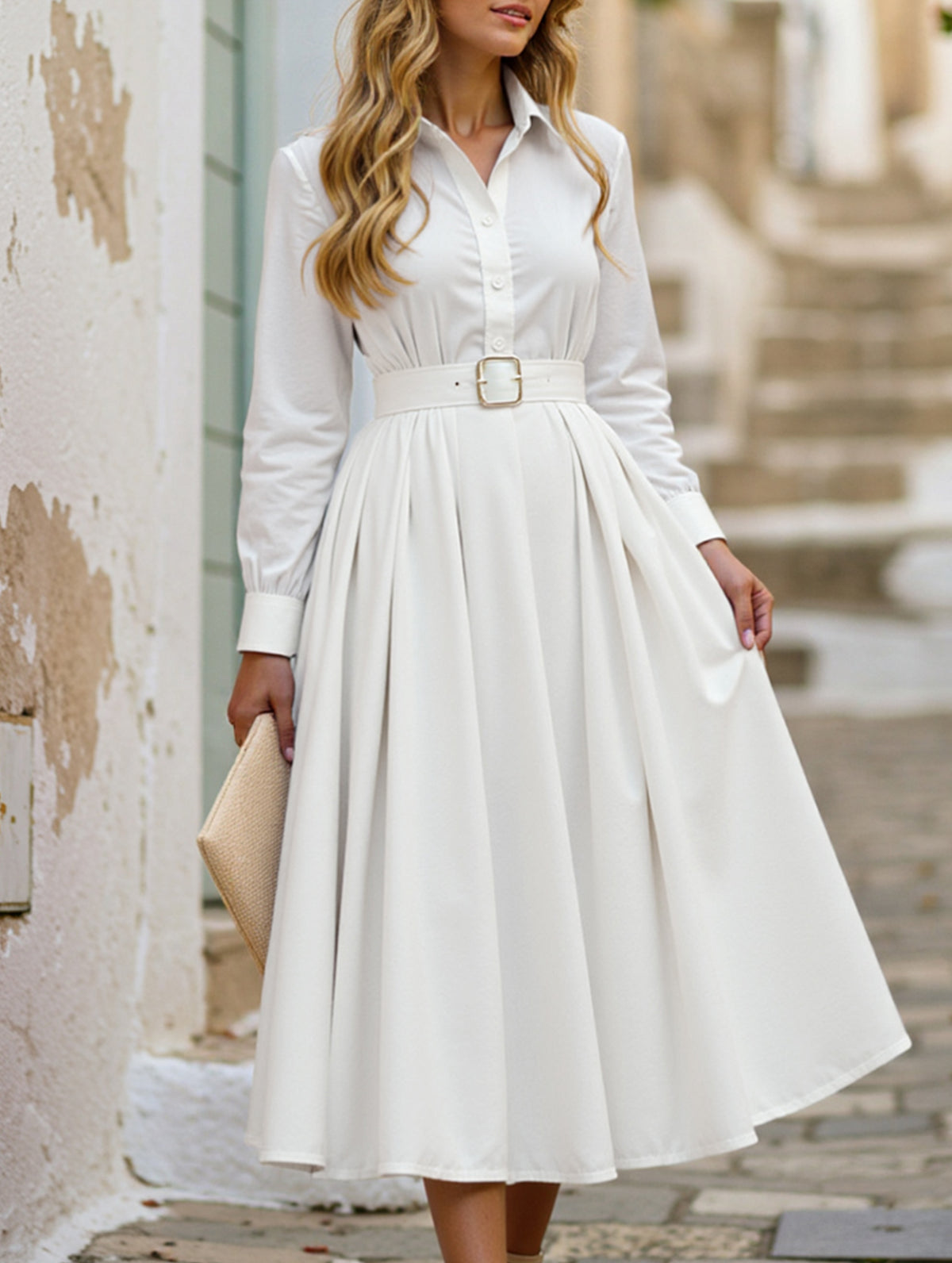 Shirt-belt pleated long dress