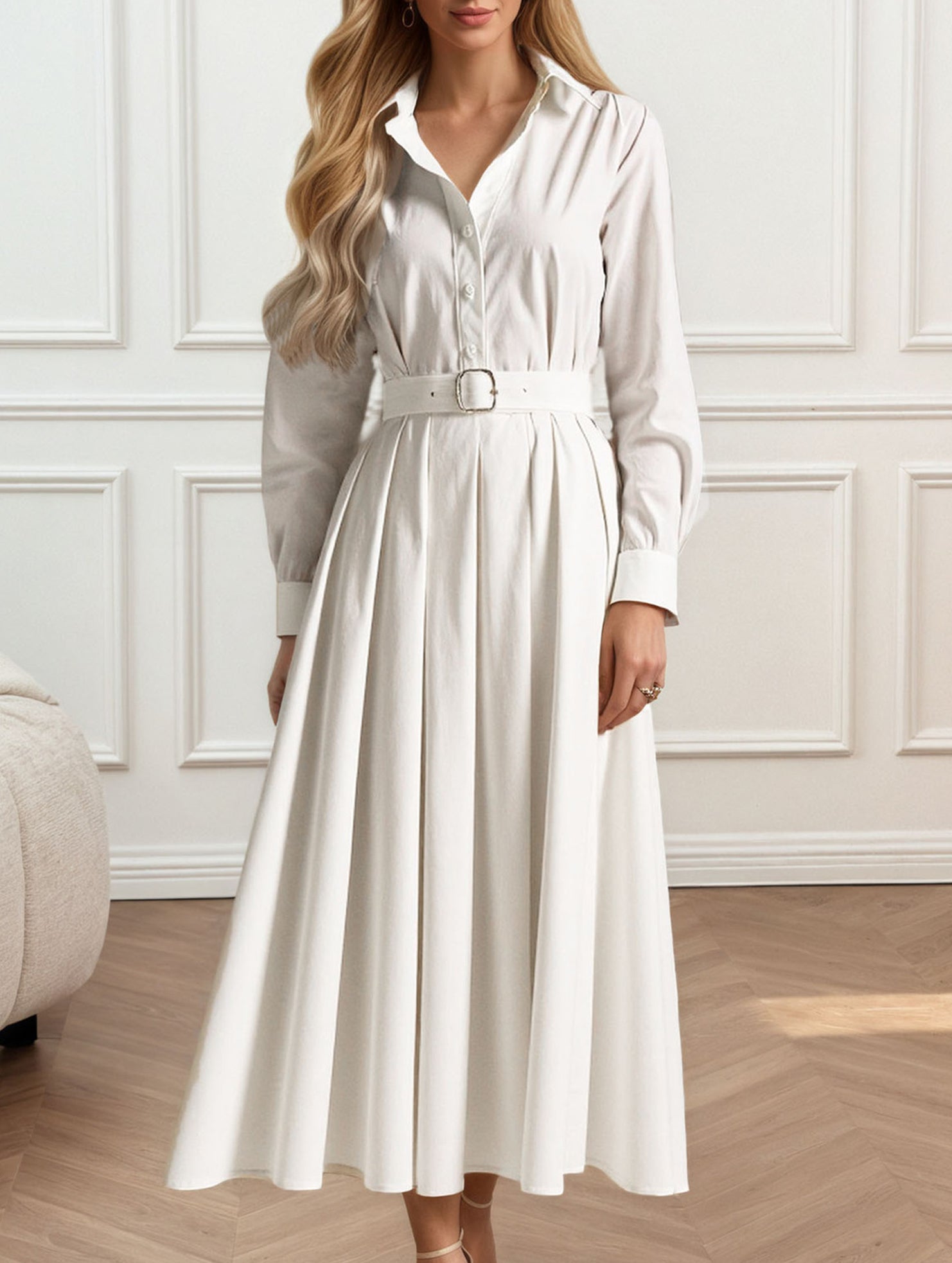 Shirt-belt pleated long dress