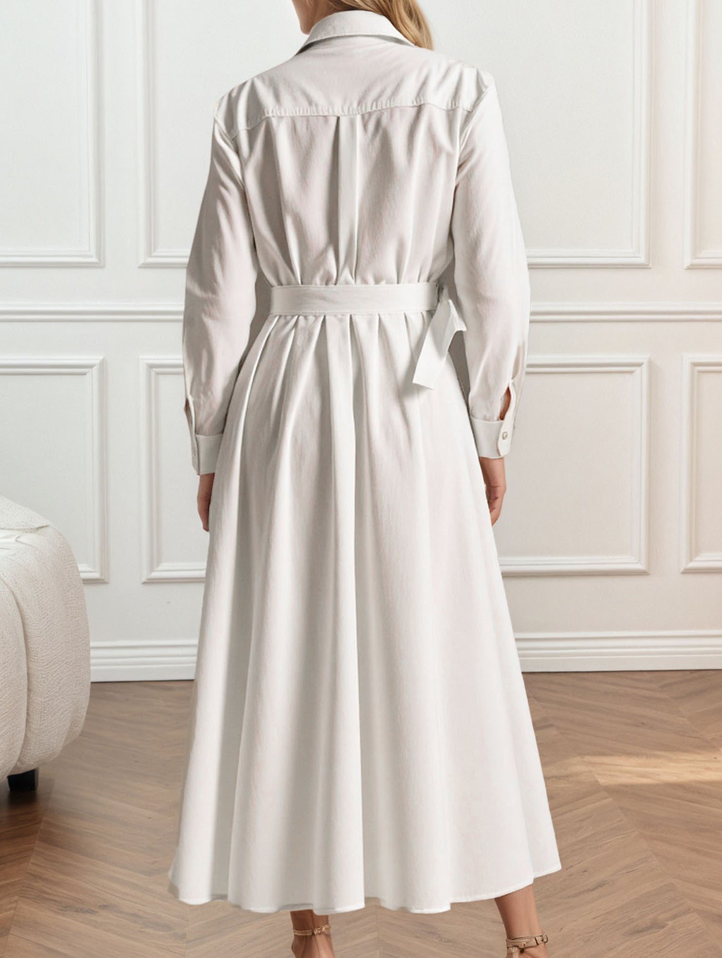 Shirt-belt pleated long dress