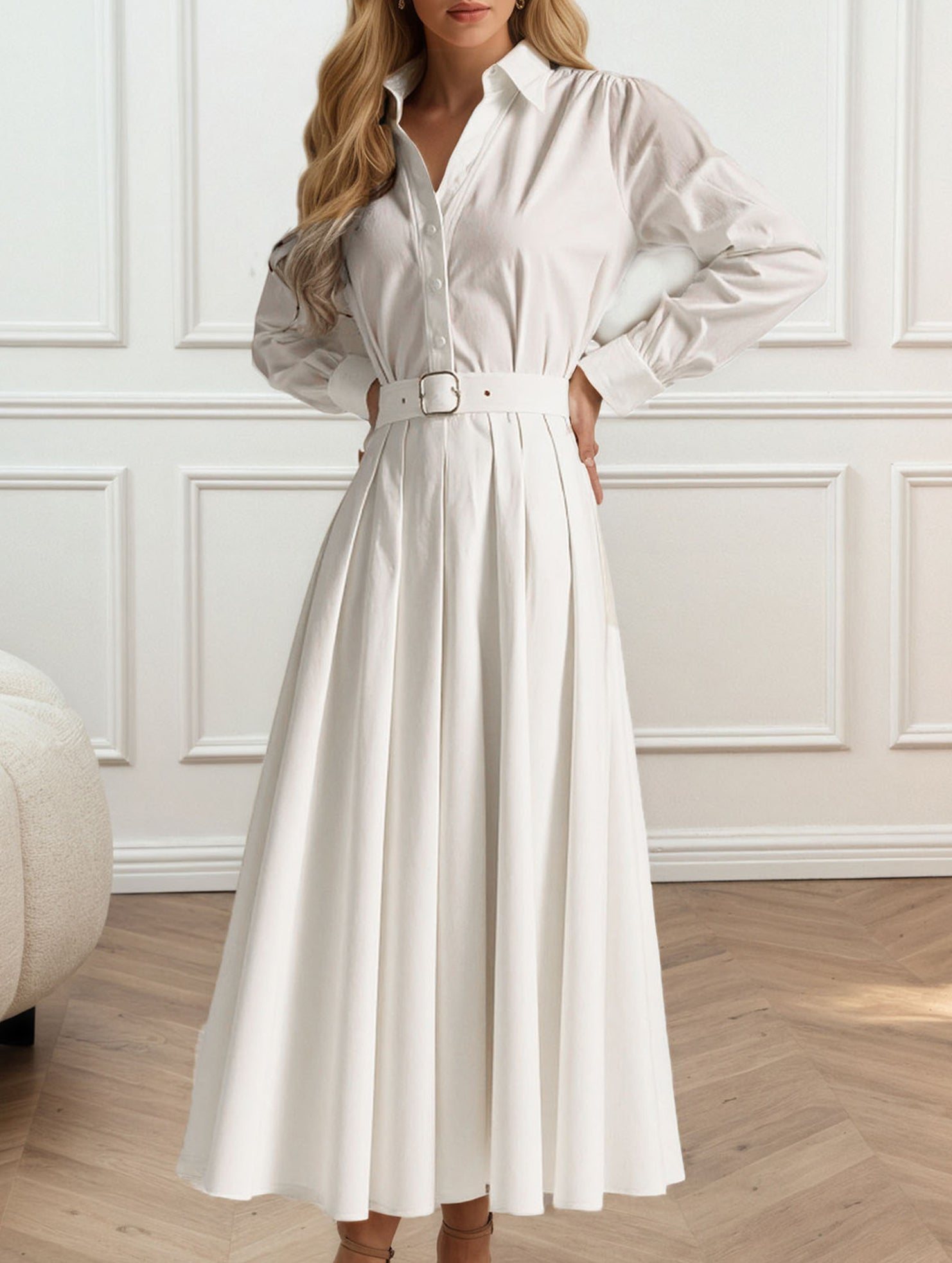 Shirt-belt pleated long dress
