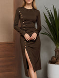 Fashion round neck slim fit metal button slit dress