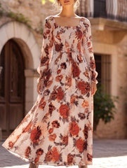 Retro Square Neck Print Maxi Dress