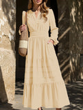 V-neck pleated waist tiered long-sleeved dress