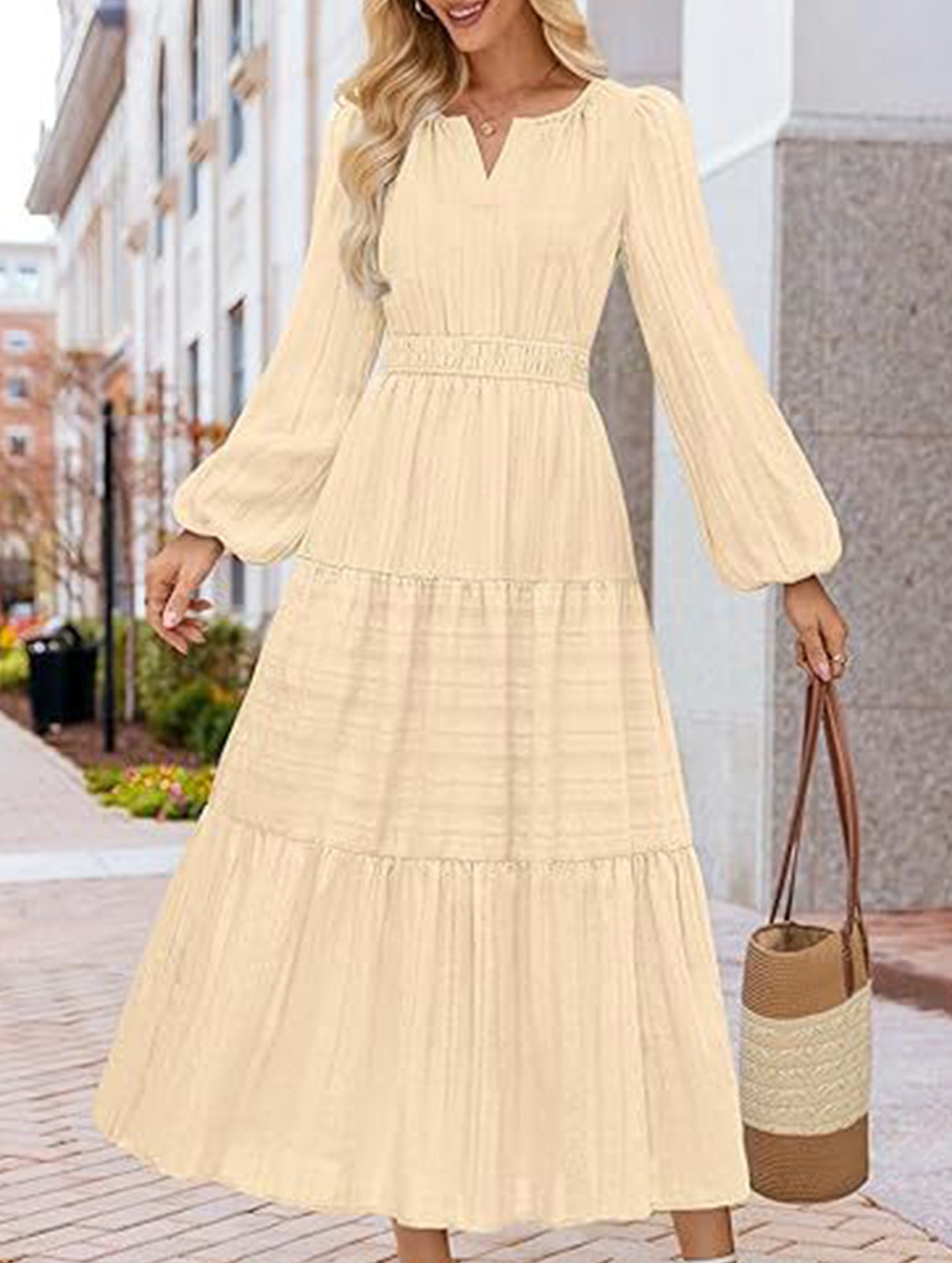 V-neck pleated waist tiered long-sleeved dress