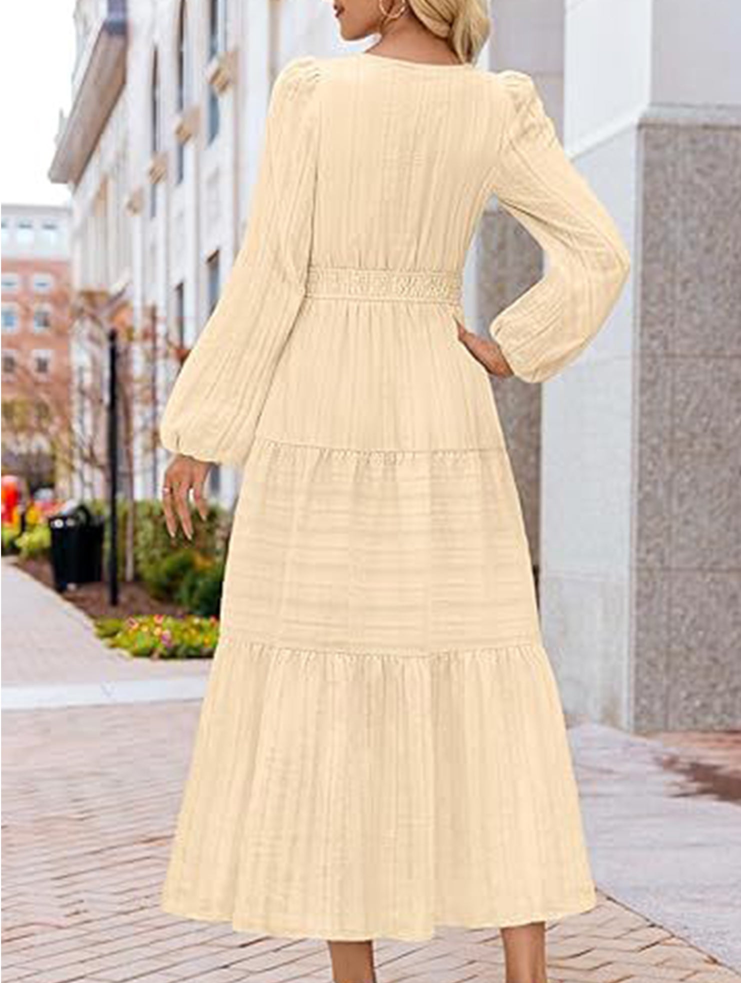 V-neck pleated waist tiered long-sleeved dress