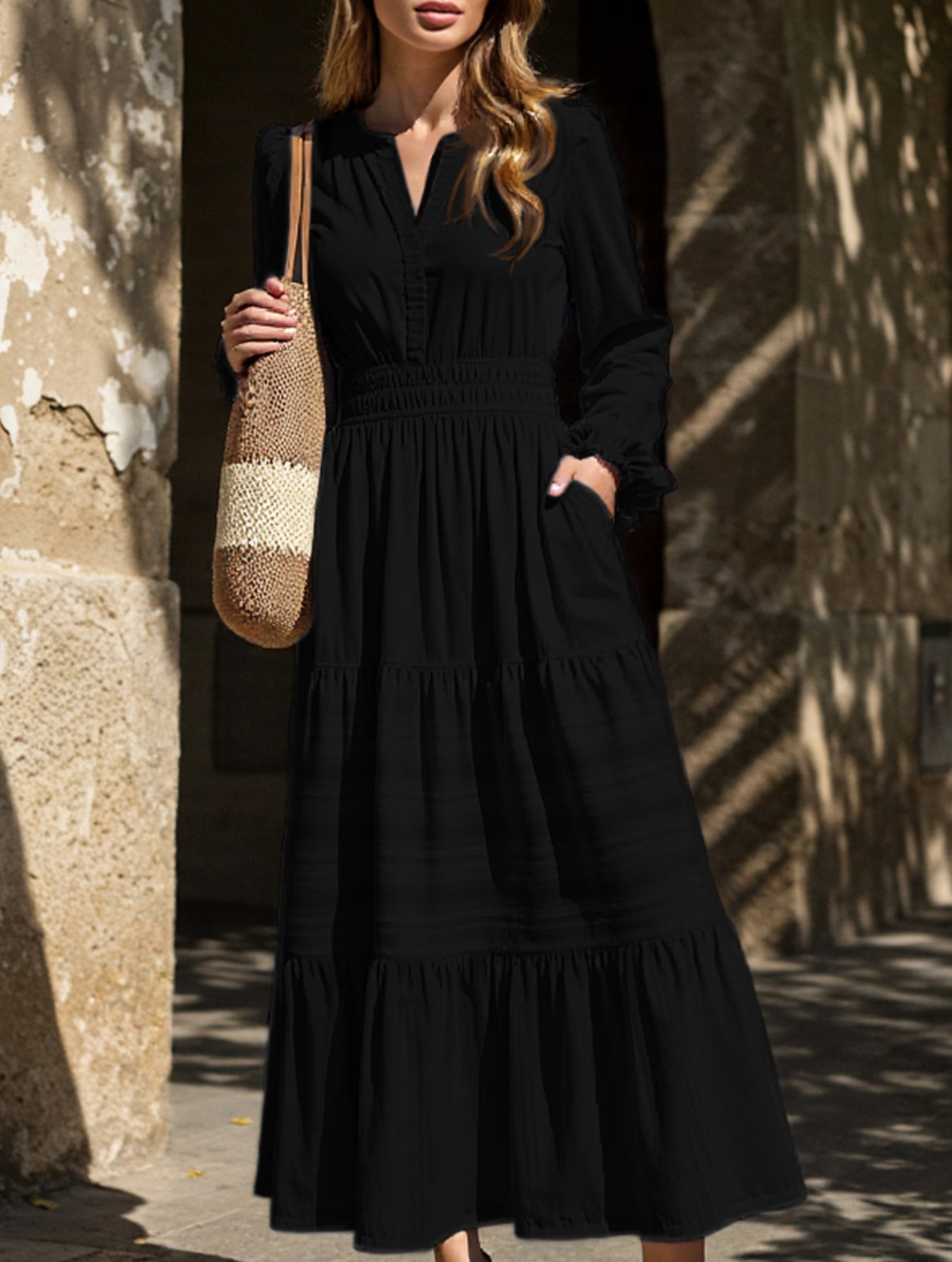 V-neck pleated waist tiered long-sleeved dress