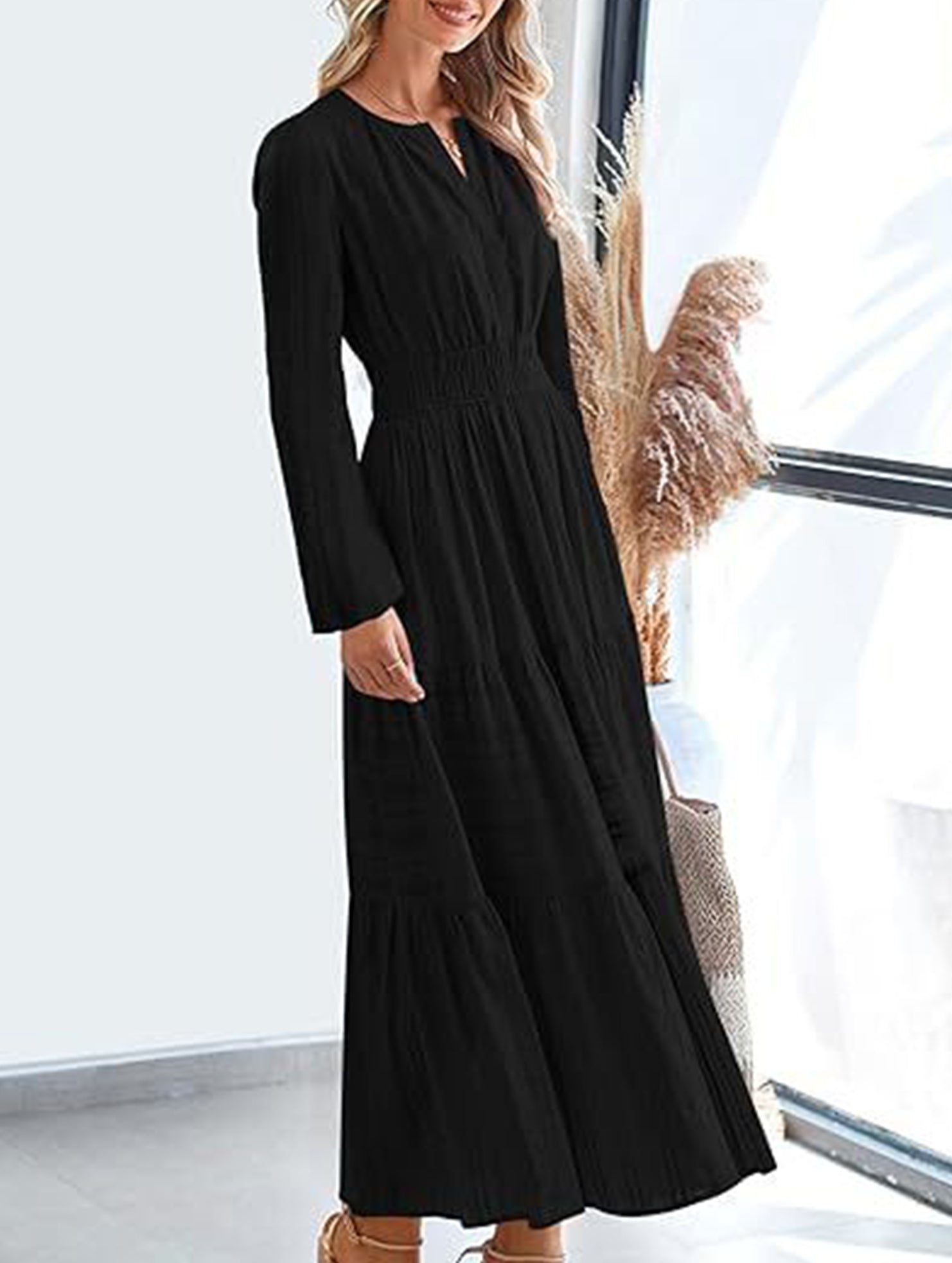 V-neck pleated waist tiered long-sleeved dress