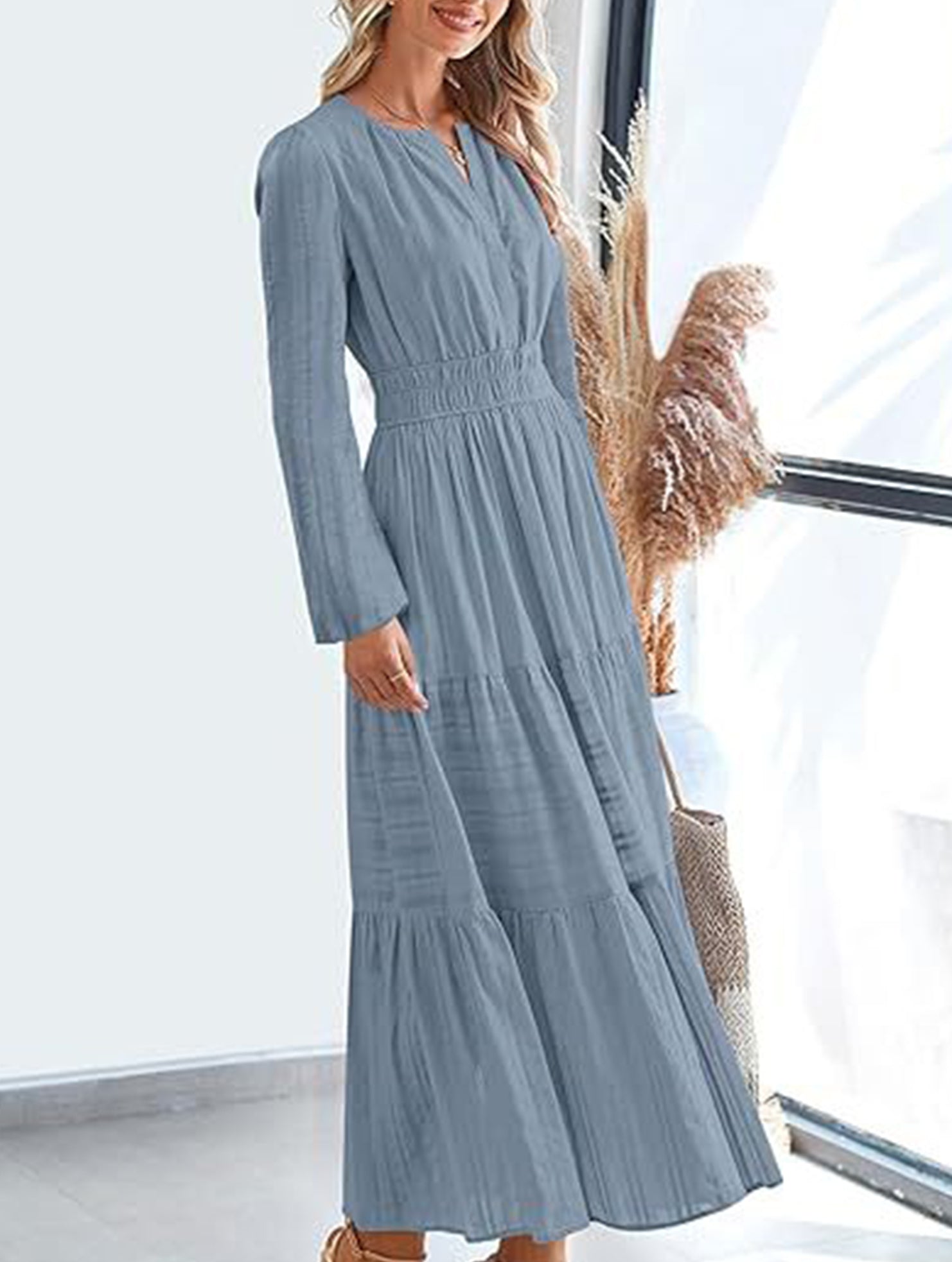 V-neck pleated waist tiered long-sleeved dress