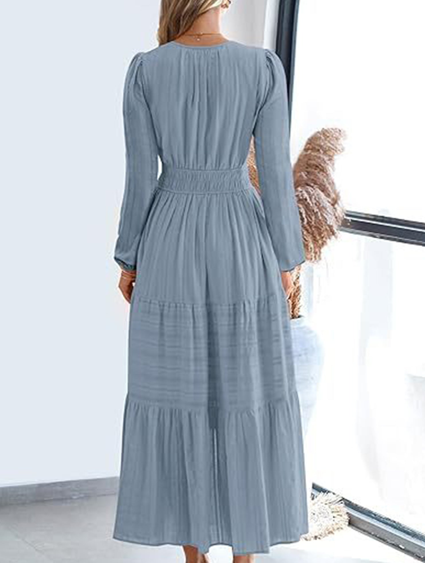 V-neck pleated waist tiered long-sleeved dress