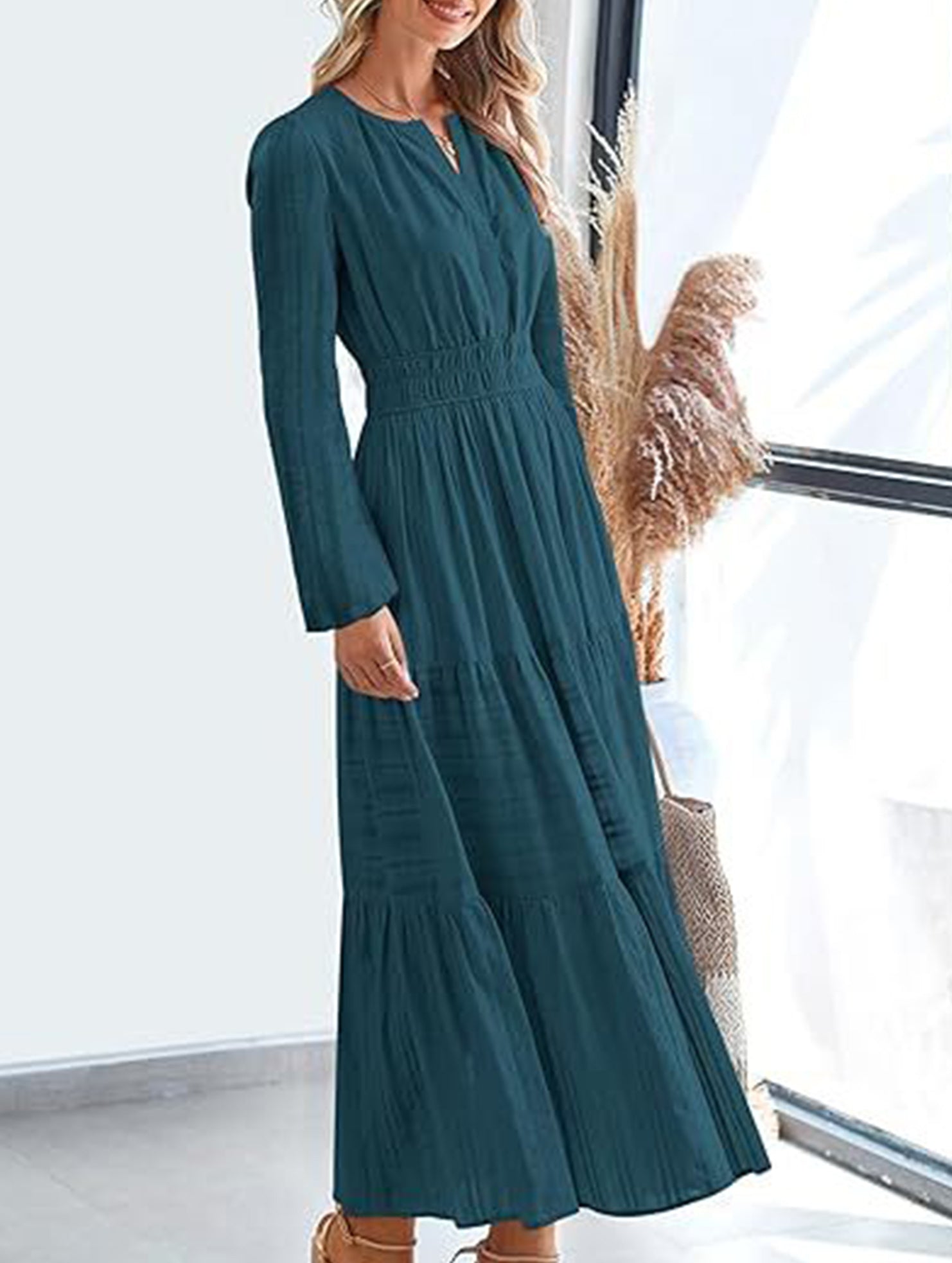 V-neck pleated waist tiered long-sleeved dress