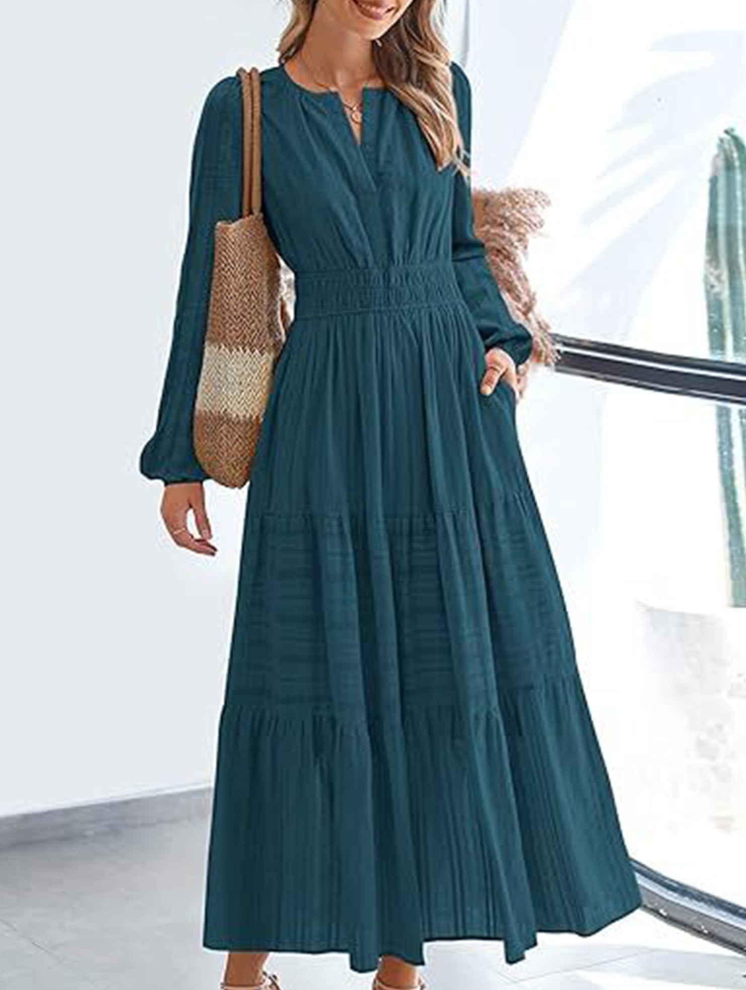 V-neck pleated waist tiered long-sleeved dress