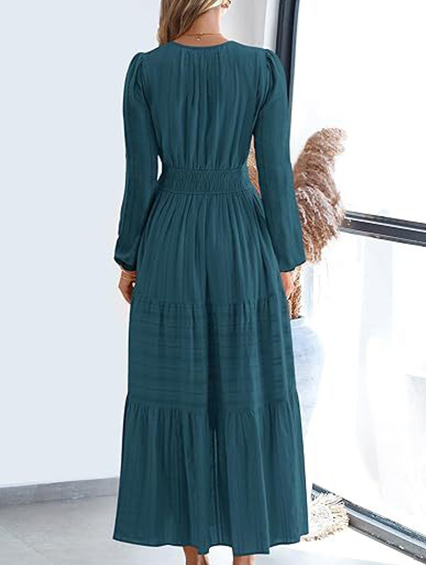 V-neck pleated waist tiered long-sleeved dress