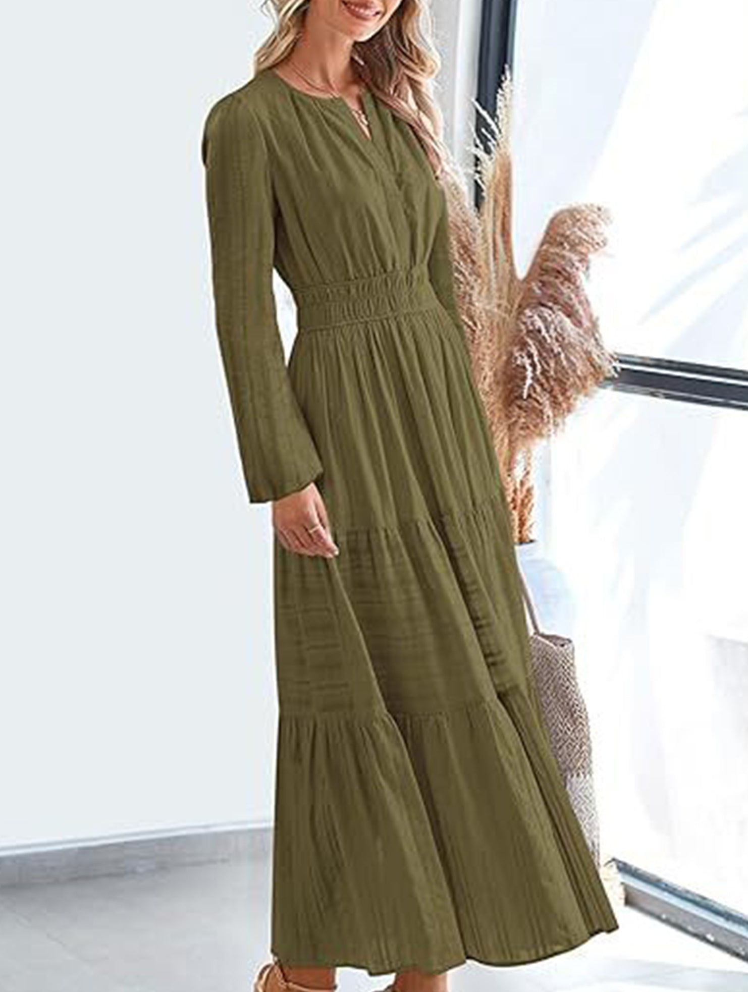 V-neck pleated waist tiered long-sleeved dress