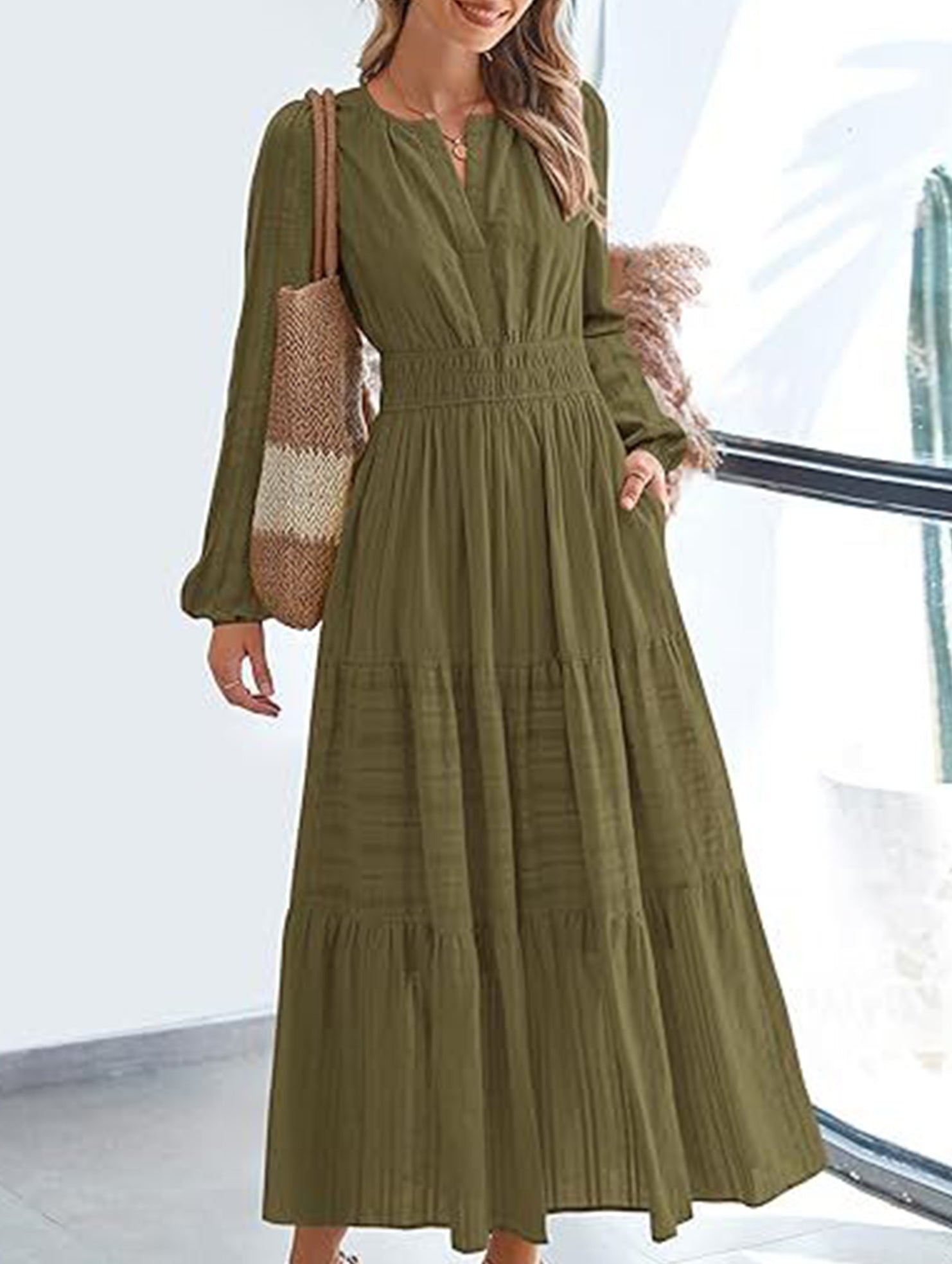 V-neck pleated waist tiered long-sleeved dress