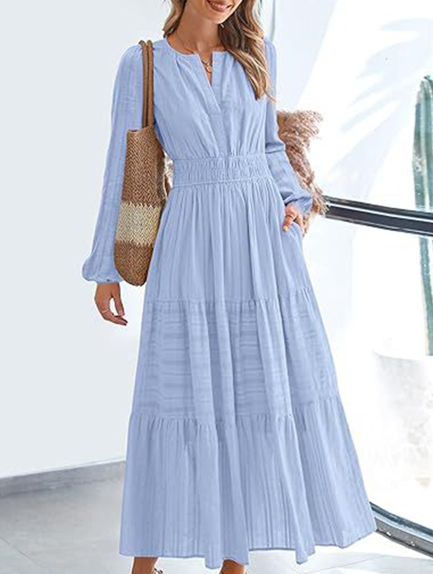 V-neck pleated waist tiered long-sleeved dress