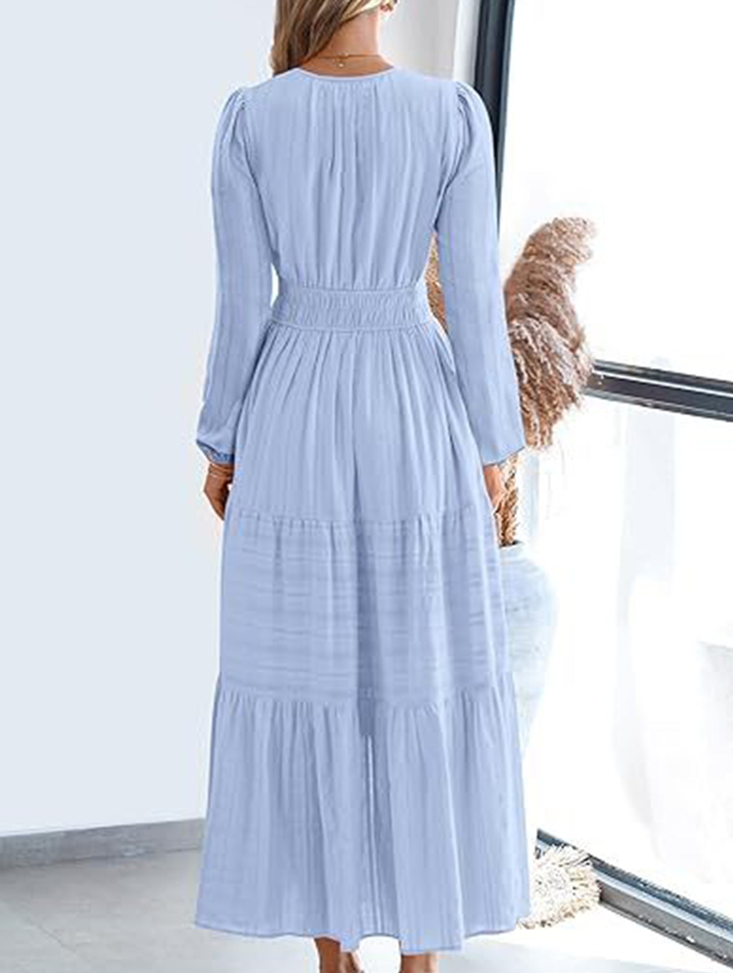 V-neck pleated waist tiered long-sleeved dress