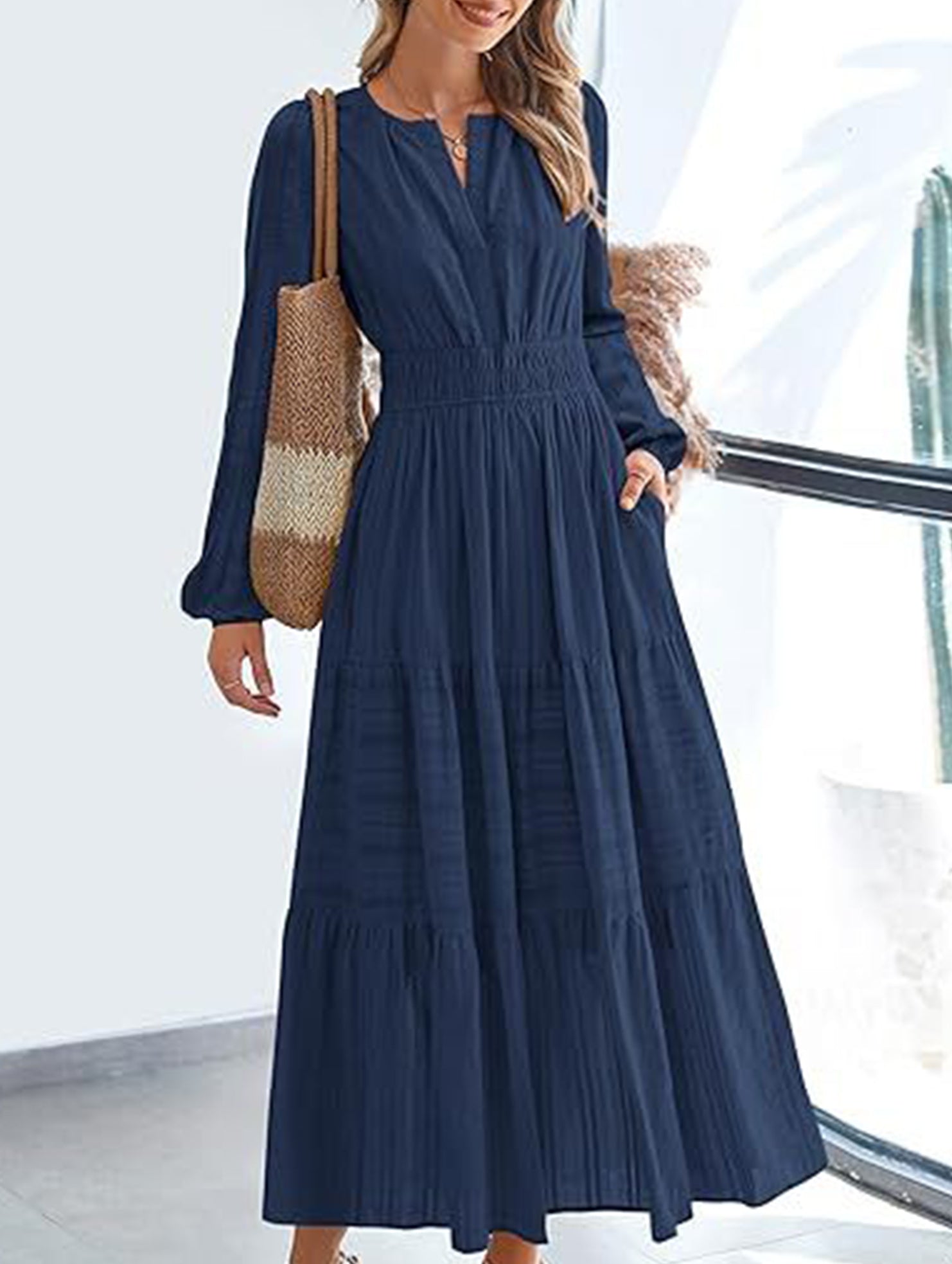 V-neck pleated waist tiered long-sleeved dress