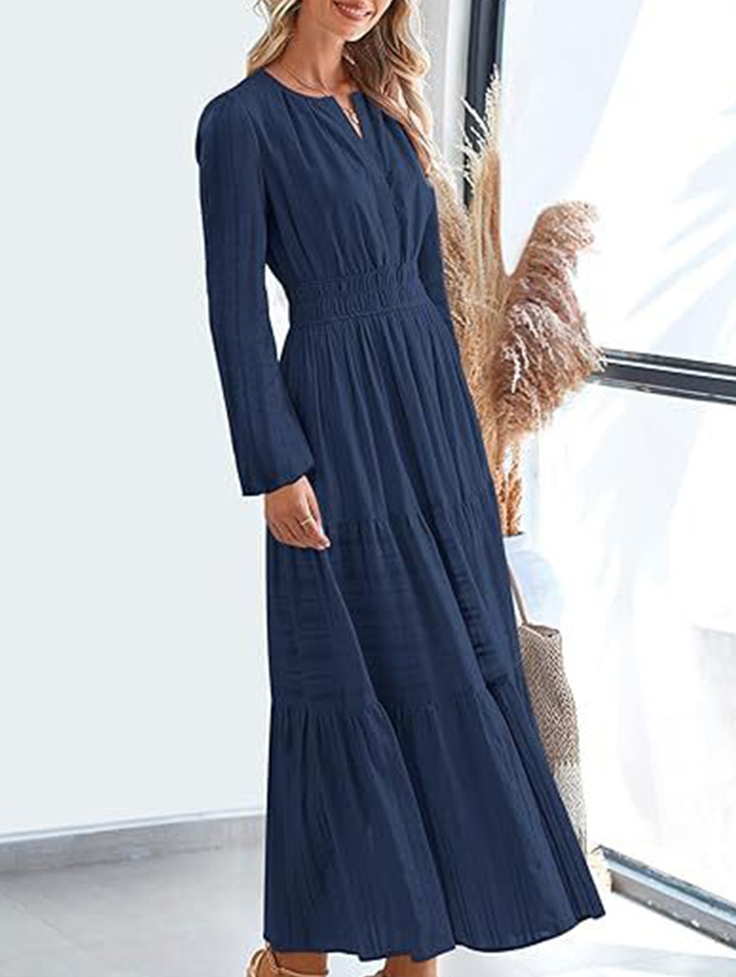 V-neck pleated waist tiered long-sleeved dress