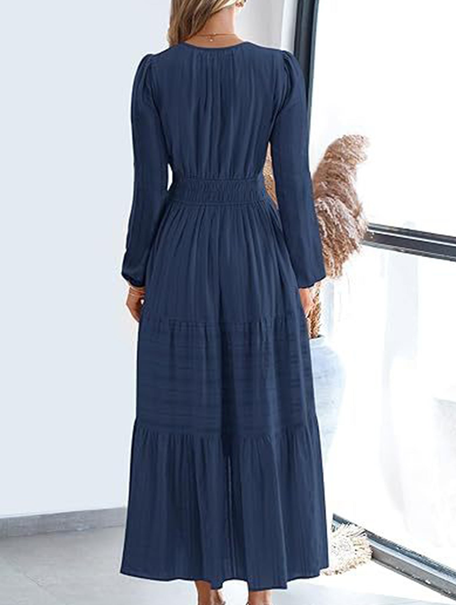 V-neck pleated waist tiered long-sleeved dress