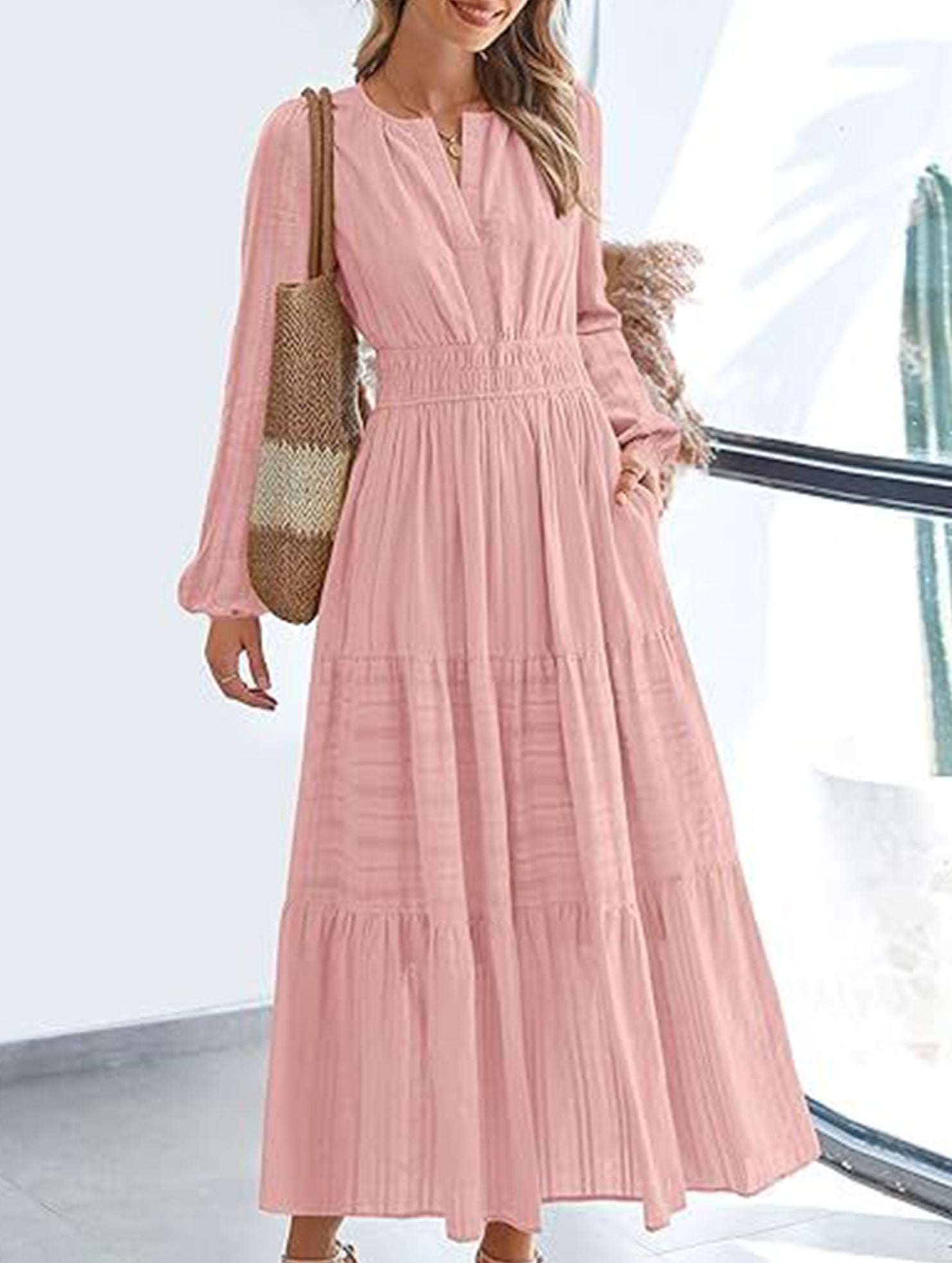 V-neck pleated waist tiered long-sleeved dress